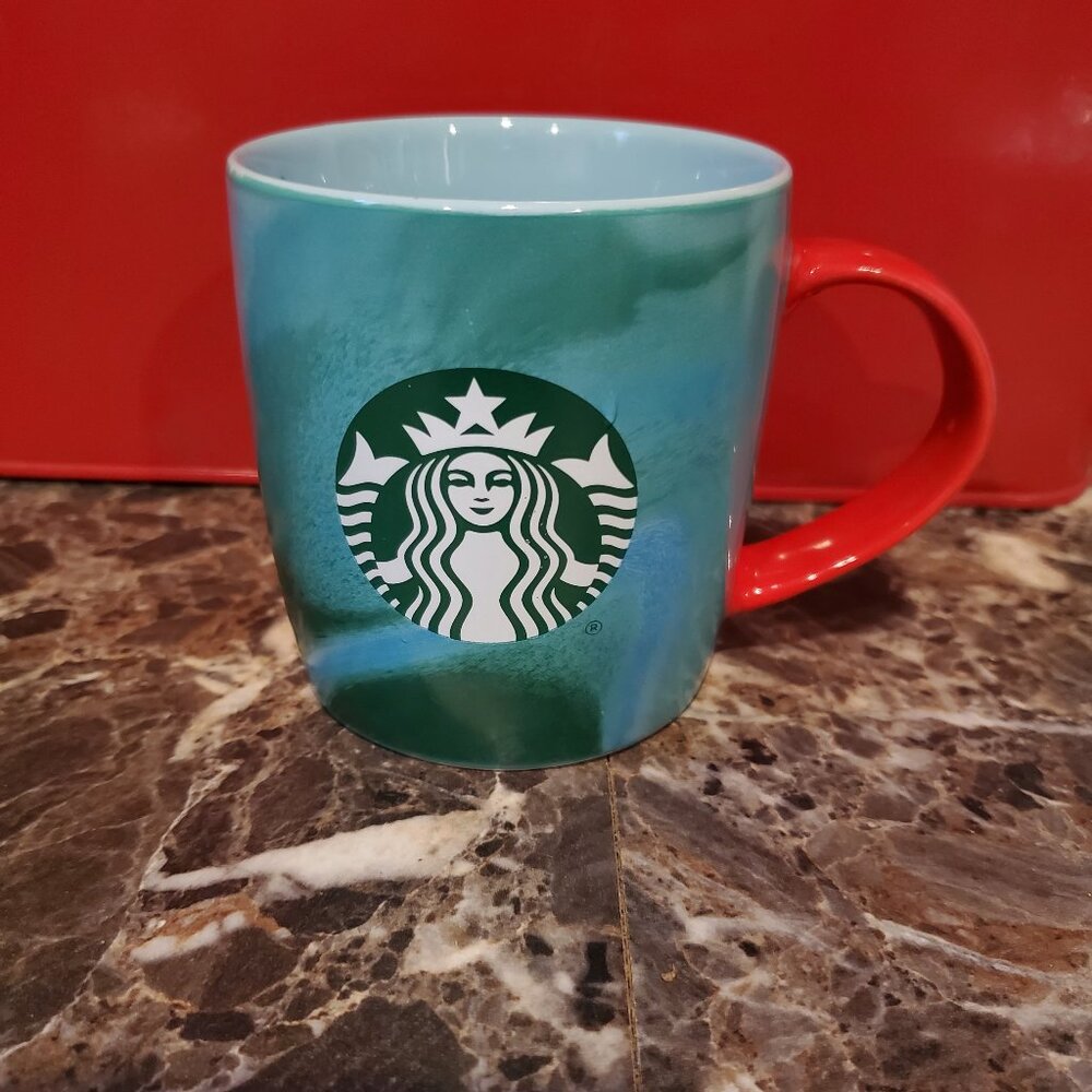 Starbucks Holiday Green Marble Pattern With Red Handle Mug